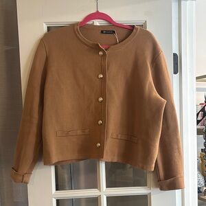 Brown Blazer with Round Neckline and Cropped Length